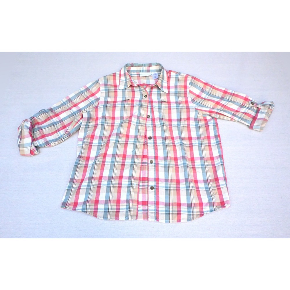 Alfred Dunner Womens 14 Plaid Button Up Shirt Coral Blue Zip Pockets Roll Tab